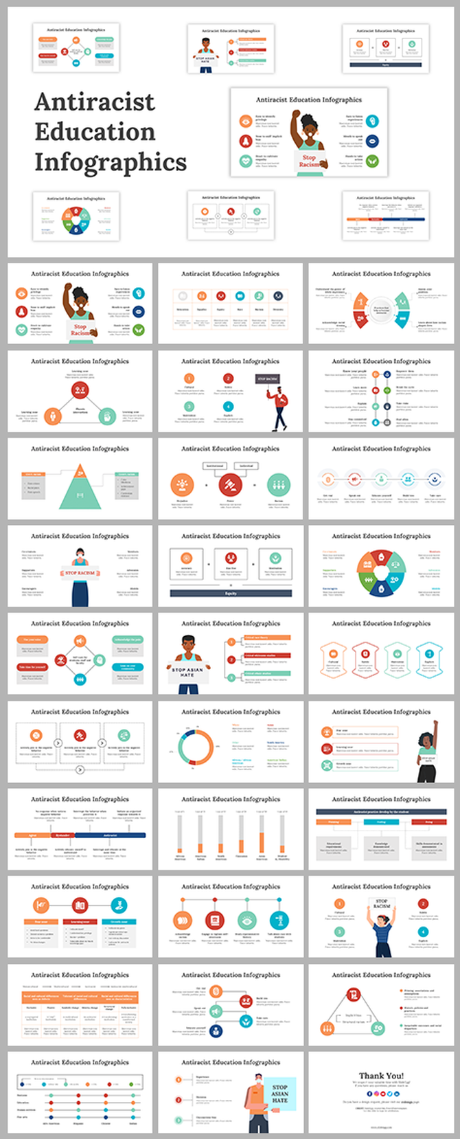 Collection of infographics for antiracist education slides with diverse icons, illustrations, and data visualizations.