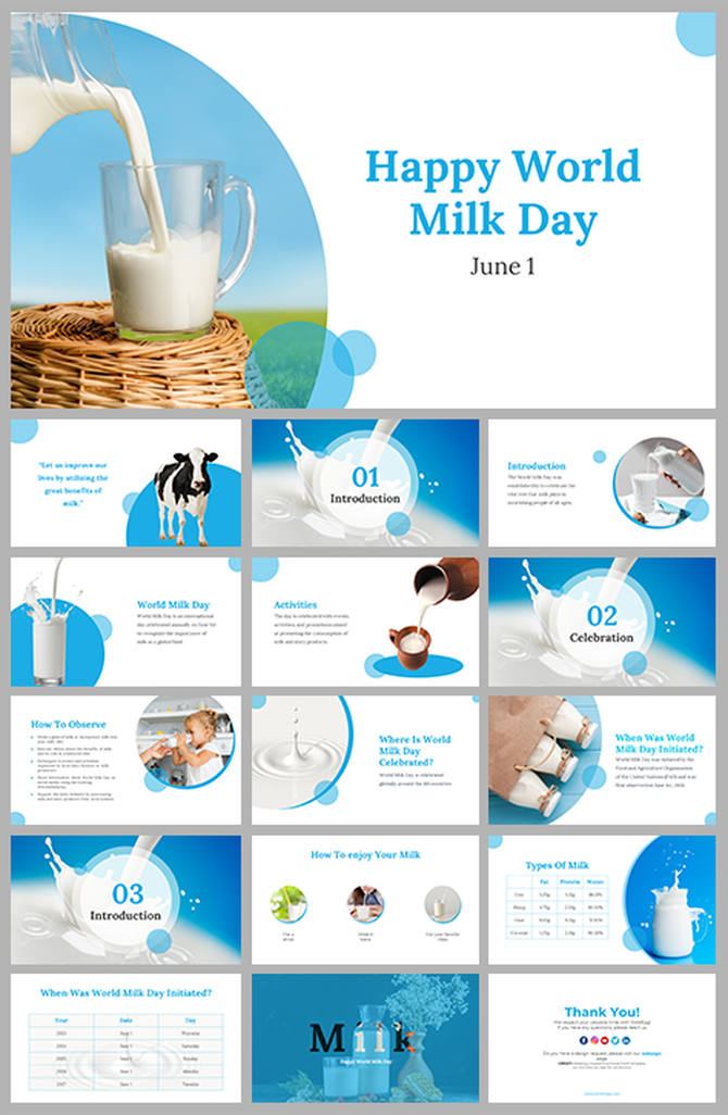 Slide pack celebrating World milk day, featuring images of milk pouring and cows, using blue and white color schemes.