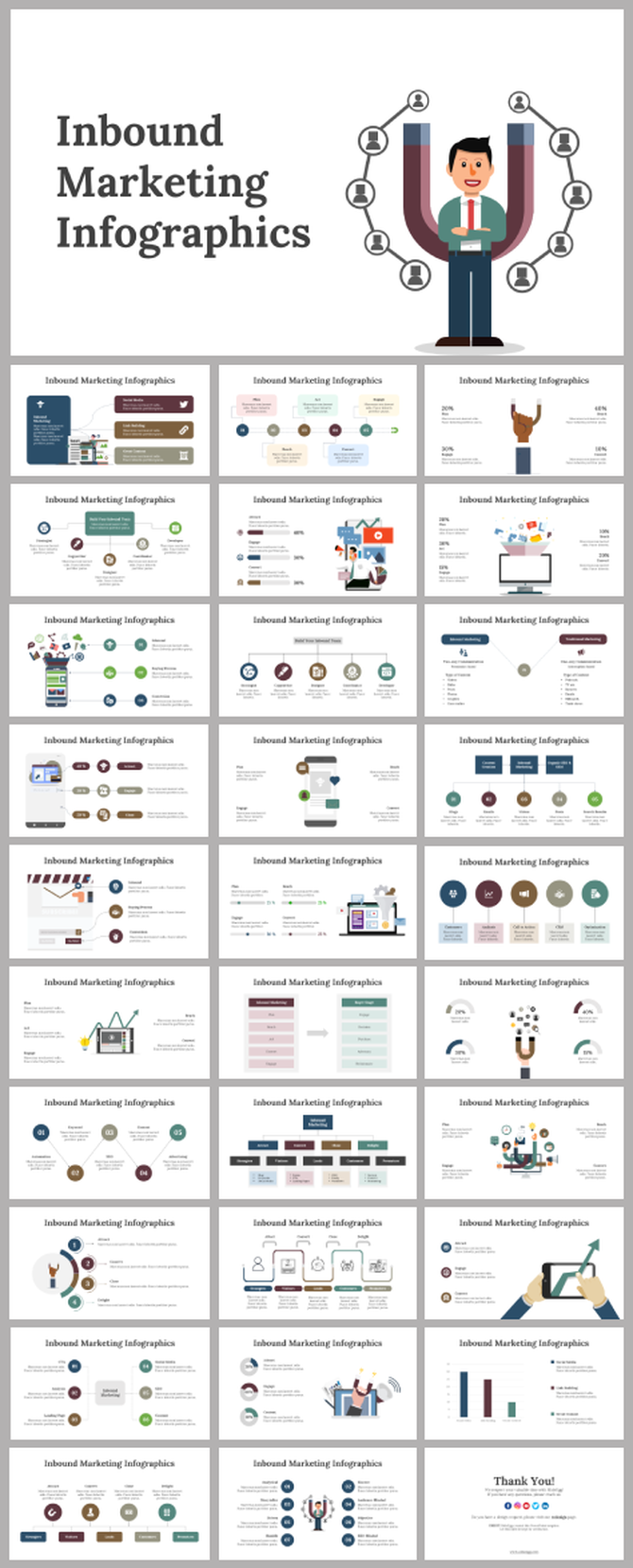 Collection of inbound marketing infographic templates featuring charts, graphs, and illustrations of marketing concepts.