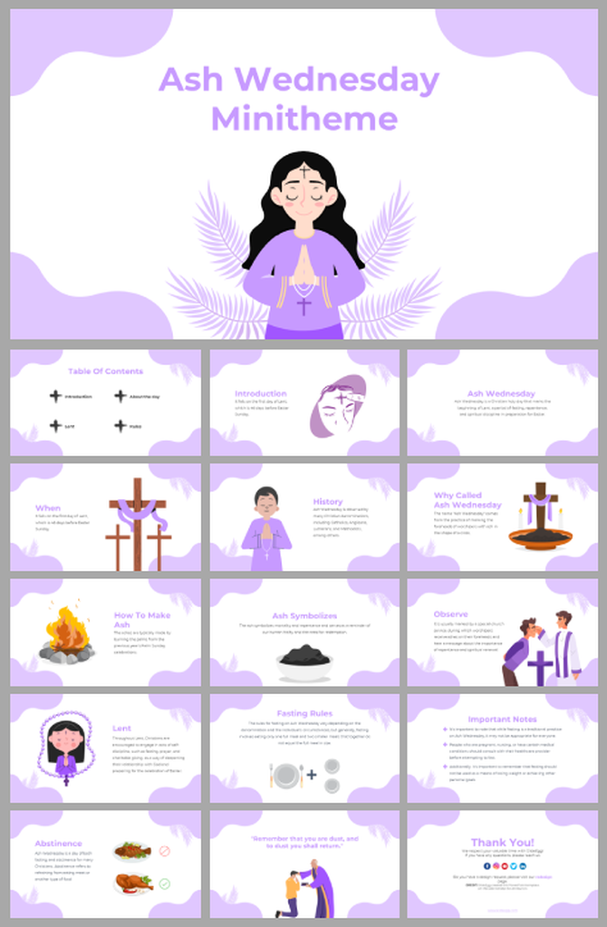 Ash Wednesday mini theme PPT slides with sections on history and fasting rules featuring purple and white illustrations.
