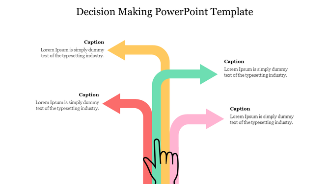 Decision-making template with a hand pointing towards four arrows in multi colour, each with a caption areas.