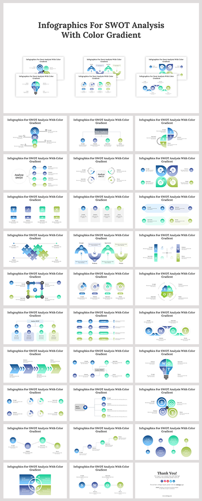 Slide deck with gradient colored SWOT analysis infographics, with circular, square, and flowchart designs.