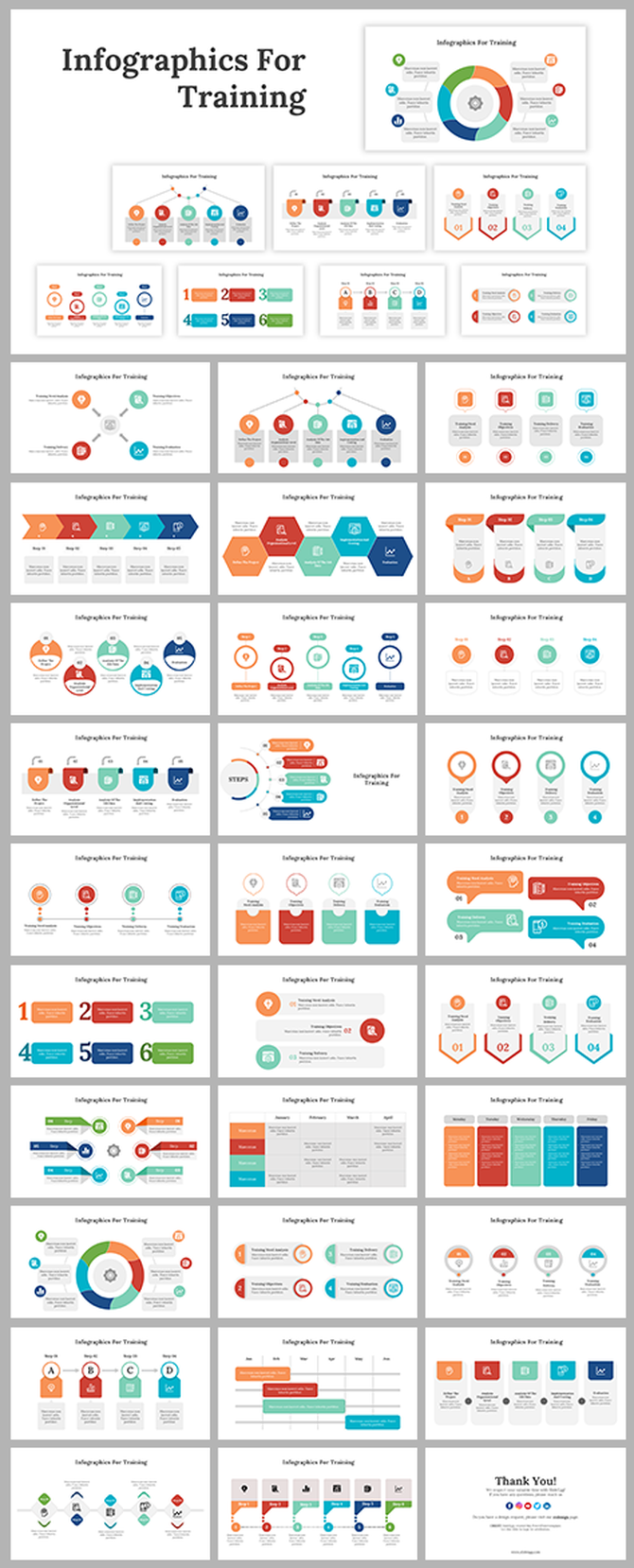 Collection of training infographic slides with colorful charts, flow diagrams, and icons illustrating training processes and steps.