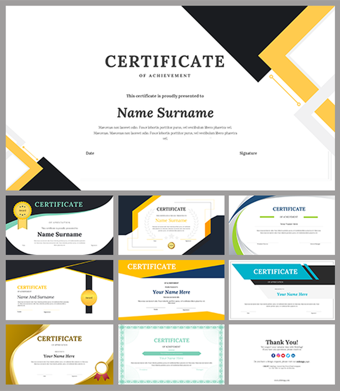 Certificate slide deck with placeholders for recipient's name, date, and signature, framed by modern shapes.