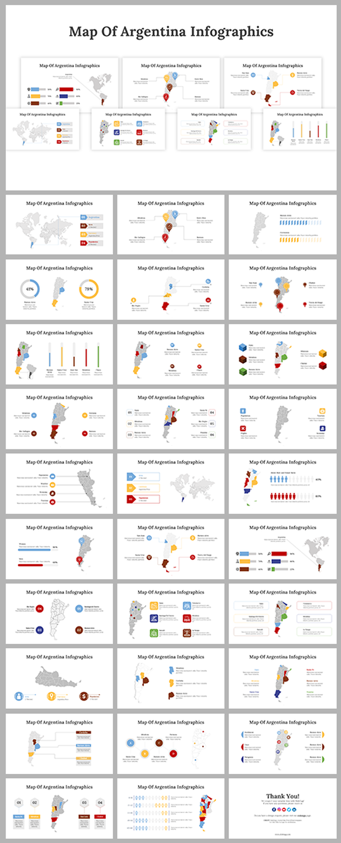Collection of Argentina map slides infographics highlighting geographic, economic, and demographic information with icons.