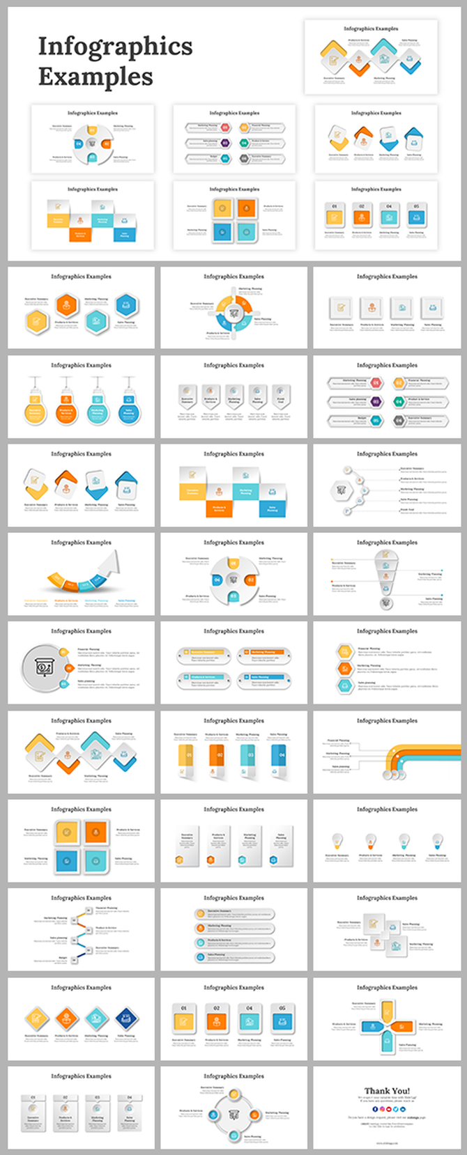Infographic examples slides with various layouts, featuring colorful hexagons, arrows, and icons to represent data.
