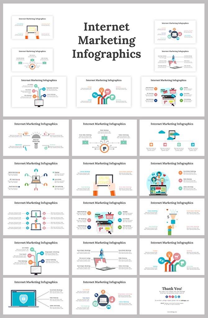 Internet marketing infographic set with vector icons, charts, and character illustrations across white background slides.