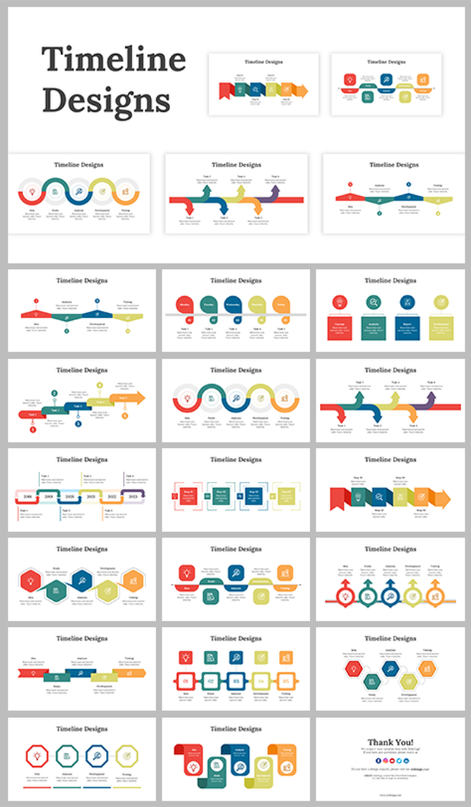 Collection of colorful timeline infographic slides with arrows, circles, hexagons, and milestone icons in varied layouts.