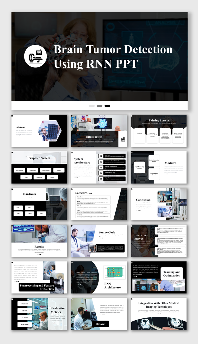 Pack of slides showing Image of a patient wearing brain scan equipment, displaying brain imaging and about brain tumor.
