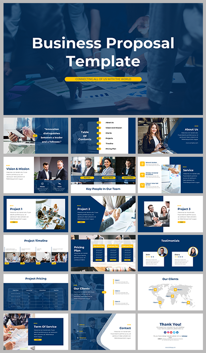 Overview of a business proposal slide deck featuring multiple slides with professional layouts and blue accents.