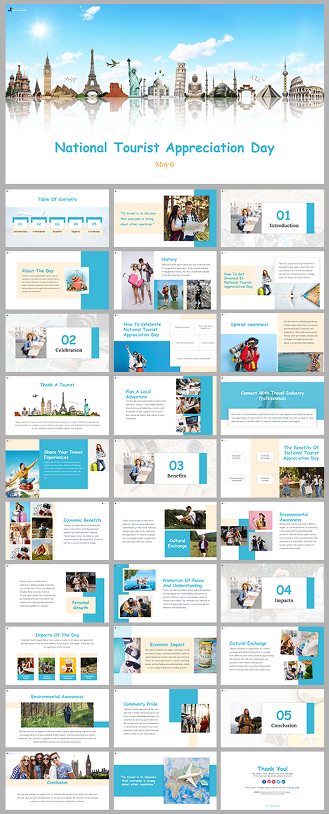 Travel themed slide deck featuring global landmarks, tourists, and tips on celebrating the day, with blue accents.