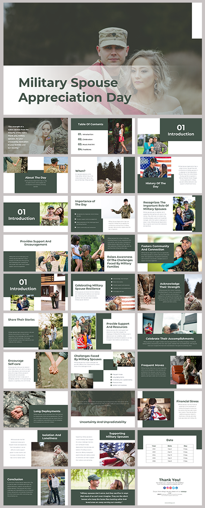Slide deck featuring military spouses, appreciation themes, and support-focused content in a modern design.