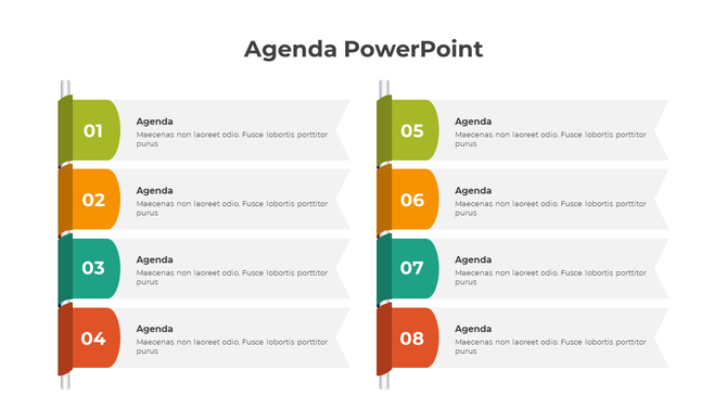 Agenda slide featuring a dual-column layout with labeled sections using bright color-coded tabs on a white background.