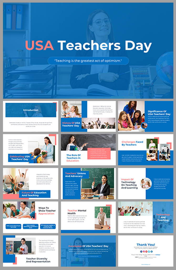USA teachers day slide deck, featuring sections on the history, significance, and challenges, with blue accents.