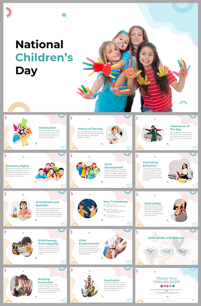 National children's day deck featuring information on child development, safety, and rights with colorful visuals and icons.