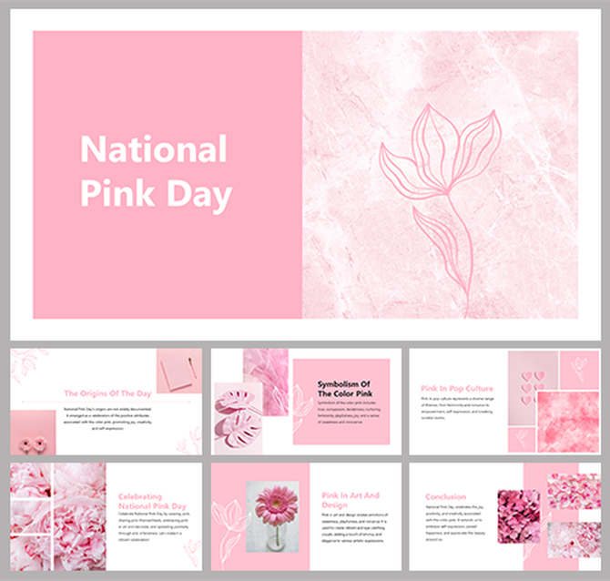 National Pink Day PowerPoint slides featuring the origins of the day, pink symbolism, and its role in pop culture and design.
