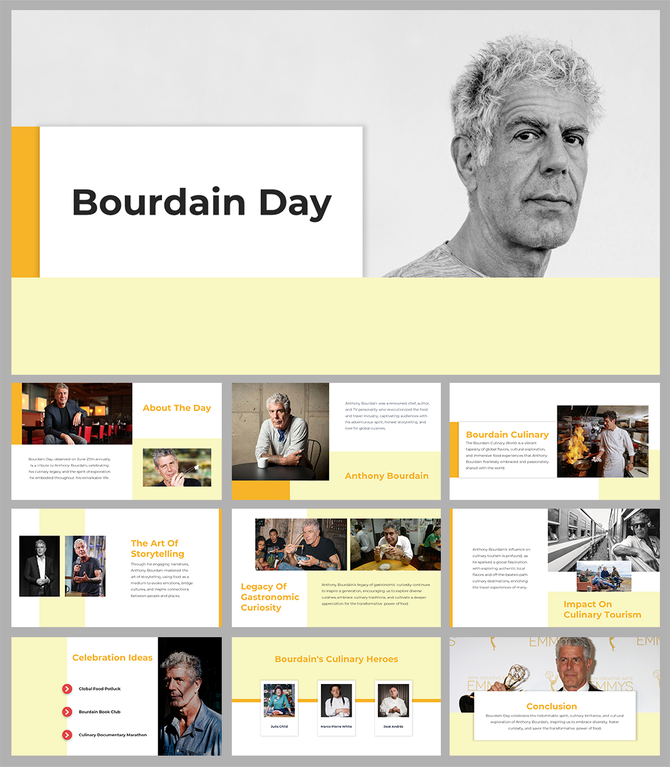 Slide deck showcasing Anthony Bourdain’s culinary heroes, storytelling, and impact on the global food community.