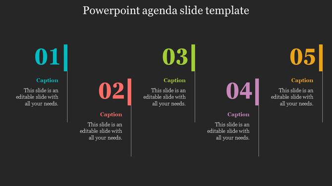 Minimalist agenda template with large numbers in vibrant colors, each paired with a caption on a black background.