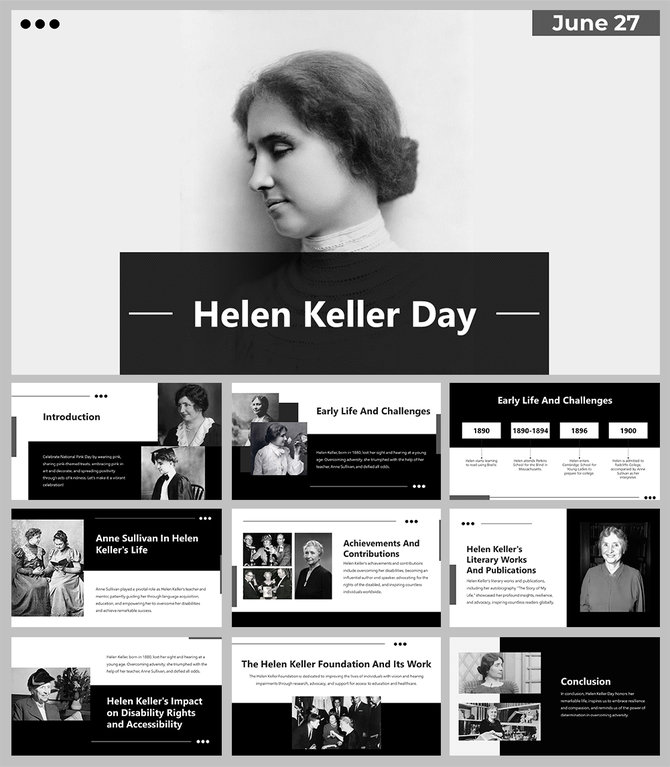 Monochrome slide deck with portrait of Helen Keller and outlining her life, challenges, and contributions.