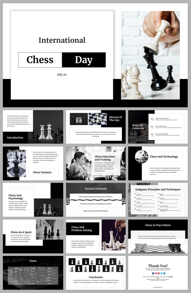 International Chess day slides showcasing chess pieces in black and white with sections for history, variants, and elements.