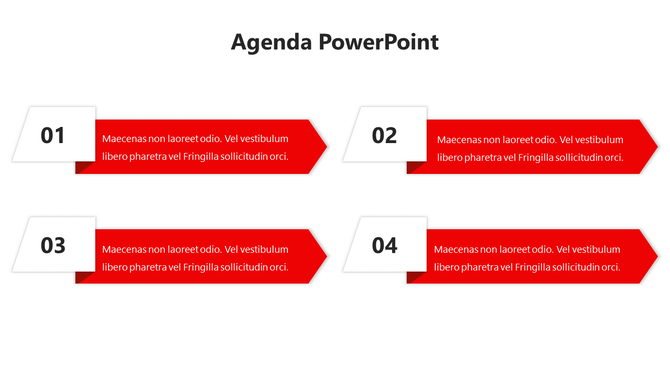 Four step agenda slide design in PowerPoint with red arrow graphics and numbered sections.