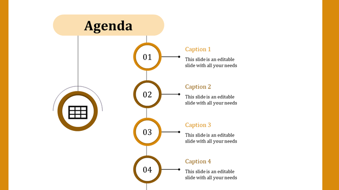 Business agenda template with a timeline in orange and beige, showing four steps and a hanging circular calendar icon.