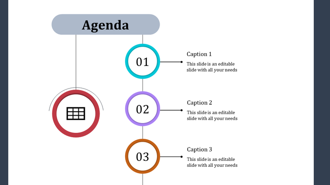 Agenda PPT slide with numbered sections, featuring a table icon and colored circles in blue, purple, and orange.