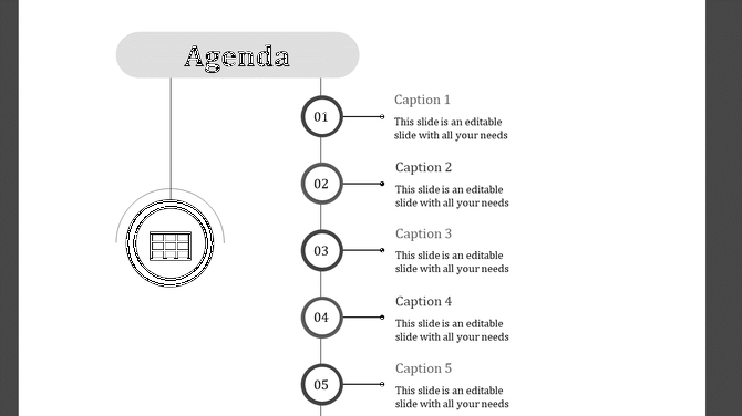 Agenda slide design showcasing five captions with a central icon and structured layout.