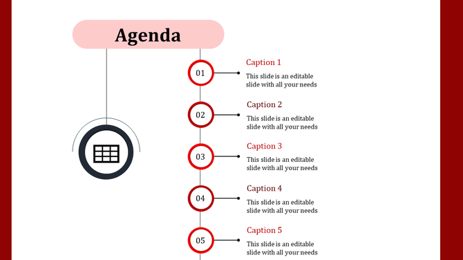 Agenda PowerPoint slide with numbered steps and sections for a structured schedule with captions.