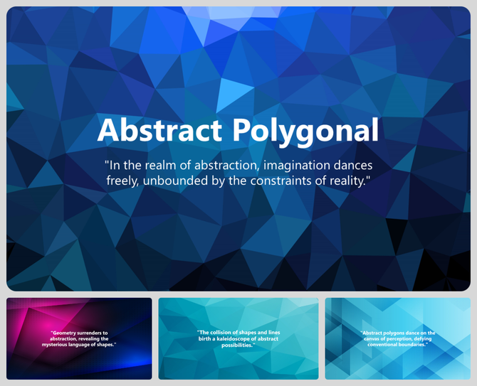 Abstract polygonal slide deck with blue, purple, and teal geometric shapes, showcasing quotes on abstraction and creativity.