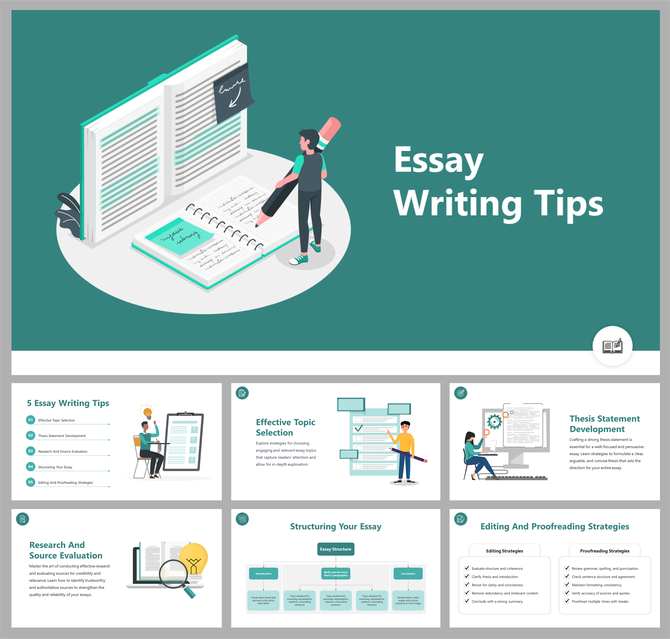 Slide deck offering essay writing tips, including topic selection, research, and the editing process, using teal theme.
