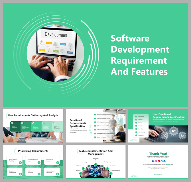 Software development showing various slides related to requirements gathering functional and nonfunctional specifications.