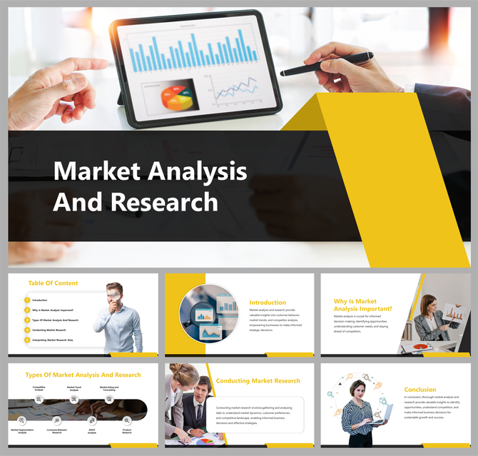 Market analysis and research slide deck with tablet displaying graphs and charts, and a yellow geometric design element.