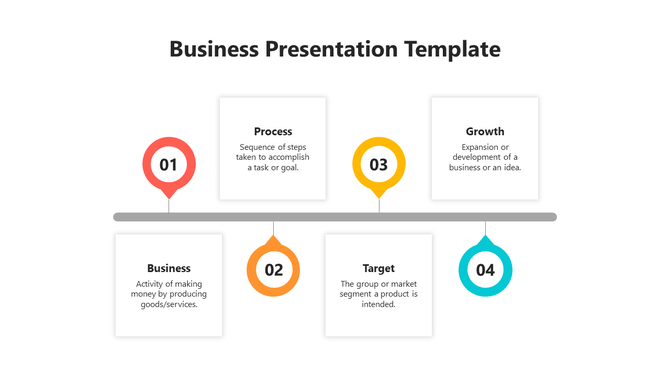 Business slide with four steps in red, orange, yellow, and blue, each containing a title and description in rectangular box.