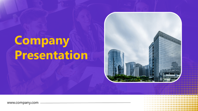 Company presentation slide with bold text and an image of modern office buildings, featuring a purple and white background.