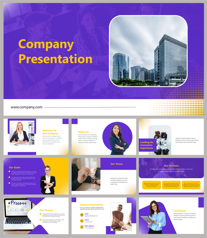 Corporate slide deck design with a vibrant purple and yellow color scheme, showcasing images and text layouts.