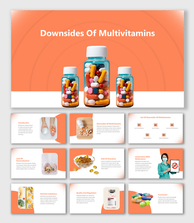 Orange slide deck with visuals of capsules and text boxes aligned for discussing risks and regulations of multivitamins.