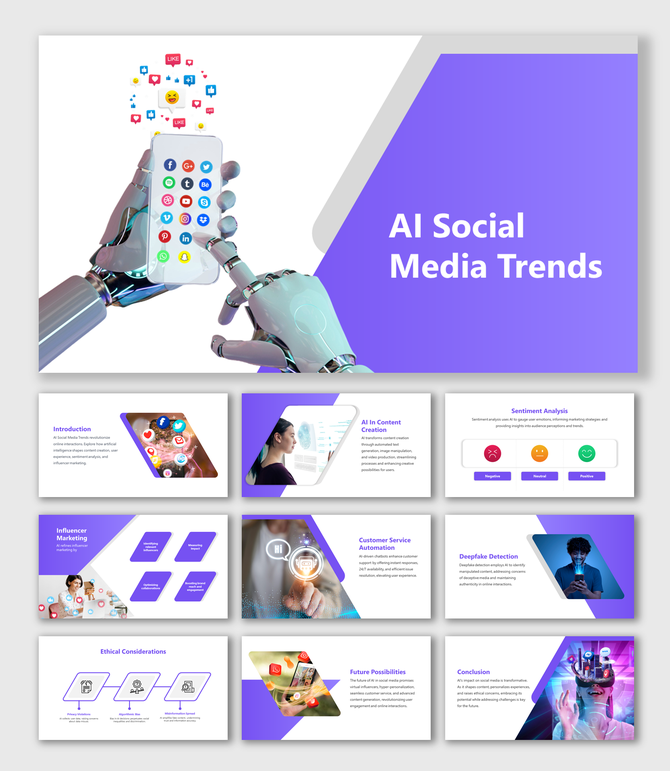 A pack of AI social media slides featuring a robotic hand holding a smartphone with various design layouts and icons.