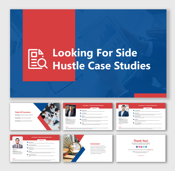 Side hustle showing three case studies slide deck with table of contents and sections in a blue and red theme.