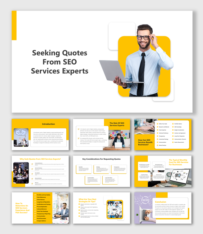 Professional slide deck with business experts, and detailed information about SEO services and costs, with yellow accents.