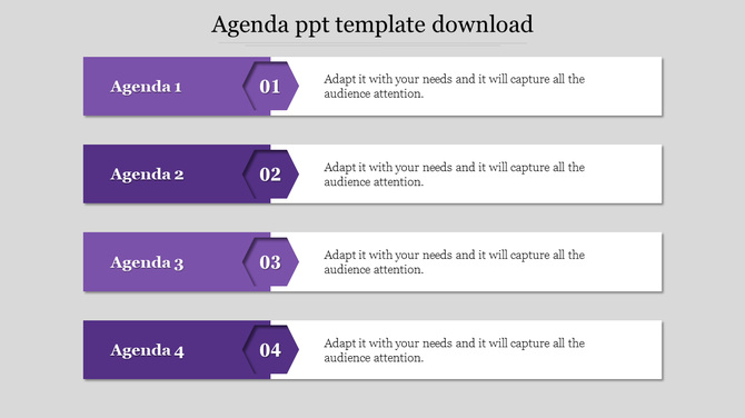 Agenda template showing four horizontal rows with numbered hexagon icons and titles, followed by text in a clean layout.