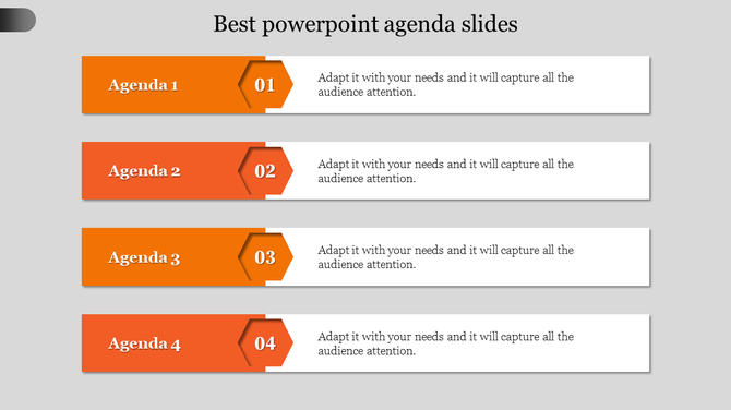 Horizontal agenda template with four sections, featuring numbered hexagons and descriptive text
