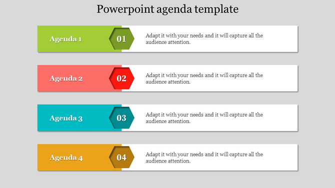 Slide with four colored sections containing a numbered hexagon and space for text on a light gray background.