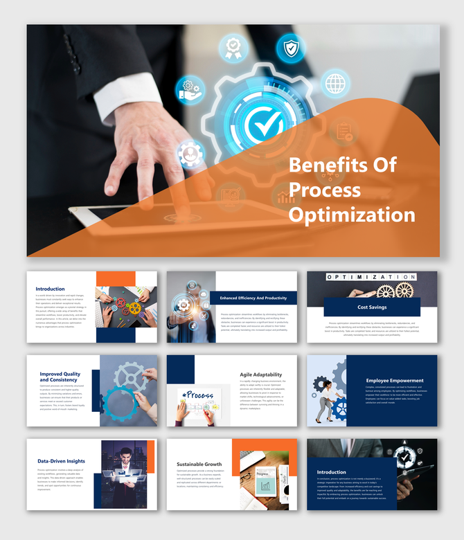 Slide deck on process optimization benefits, featuring topics such as efficiency, adaptability, and growth.