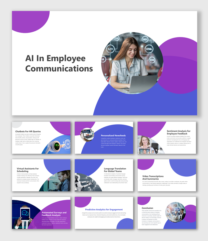 AI in employee communications slides featuring clean layouts with purple and white curved shapes and various visuals.