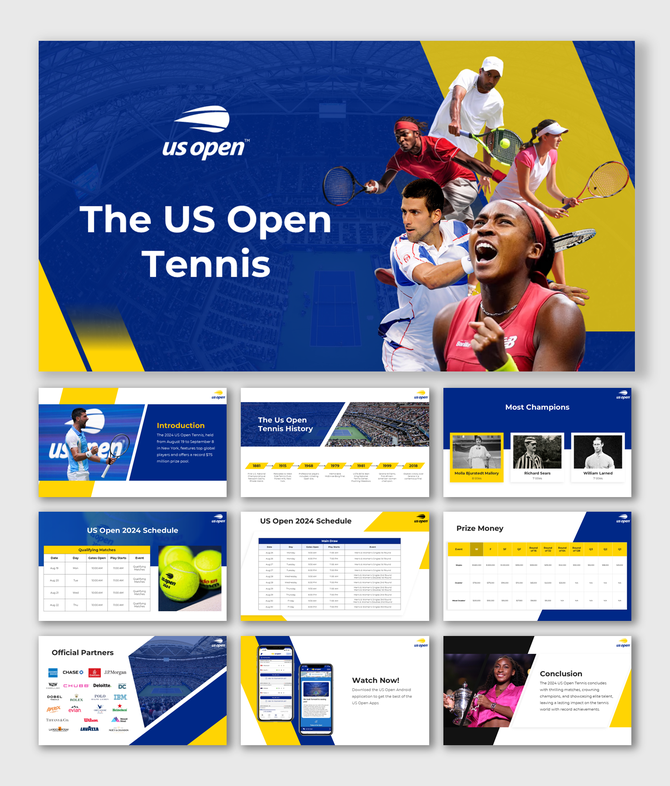 US open tennis slide deck cover with images of players and slide previews on schedule, history, and champions.