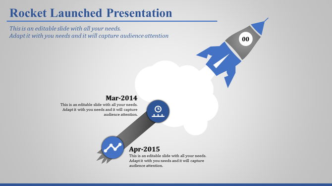 A timeline PPT slide with a rocket launch illustration marking two milestones in March 2014 and April 2015 with captions.