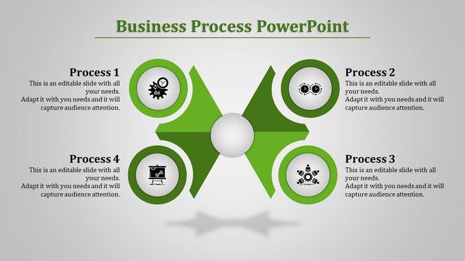 Green and white circular infographic with four processes, each labeled with icons, on a gray gradient background.