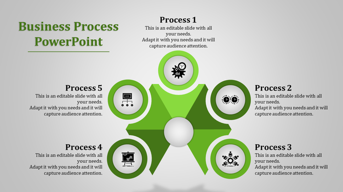 A PowerPoint slide depicting five business processes with icons representing different stages of the business workflow.