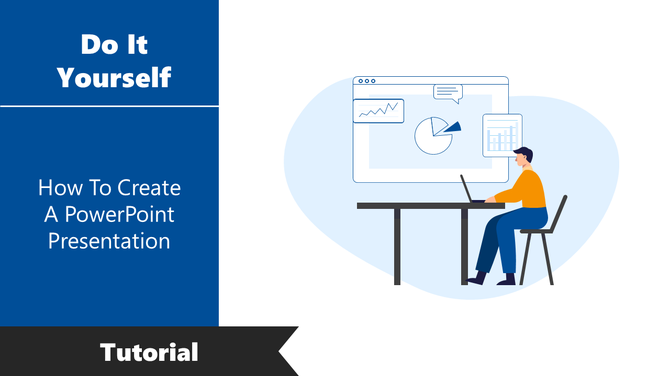 Tutorial slide for how to do a presentation with a blue design theme and a person working on data visualization on a screen.